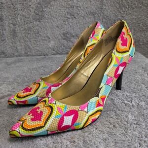 Torta Caliente Pumps Pink Teal Yellow Retro Geometric Pointed Toe Womens 10M NEW